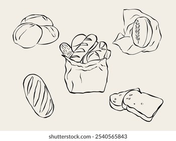 Ilustração de pão desenhado à mão. Ícones de rabiscos de café da manhã e almoço. Padaria vetores para convites, menus e festas.