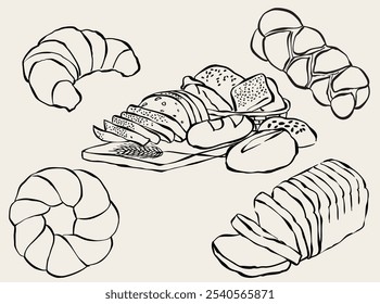 Dibujado a mano ilustración de pan. Iconos del doodle del desayuno y del almuerzo. Vectores de panadería para invitaciones, menús y fiestas.