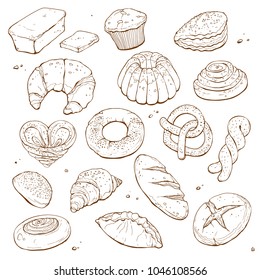 Hand drawn bread isolated on white background. Bakery objects vector illustration in sketch style.