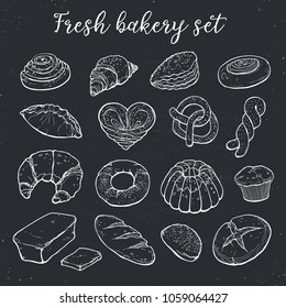 Hand drawn bread isolated on chalk board. Bakery objects vector illustration in sketch style.
