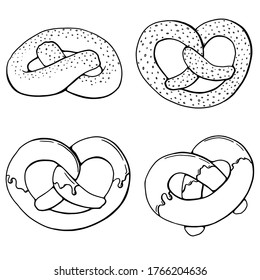 Hand drawn bread isolated on white background. Pretzel icon vector illustration in sketch style. Set, collection