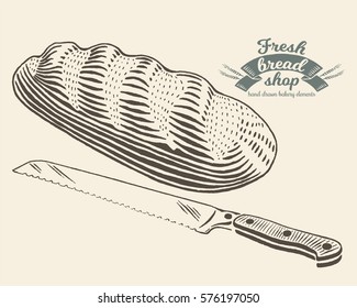 Hand drawn bread with knife in engraving style. Vector Illustration. Dark elements isolated on light background.