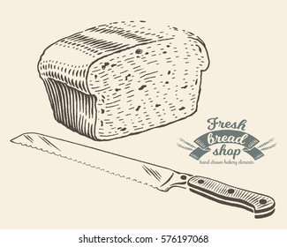 Hand drawn bread with knife in engraving style. Vector Illustration. Dark elements isolated on light background.