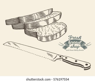Hand drawn bread with knife in engraving style. Vector Illustration. Dark elements isolated on light background.