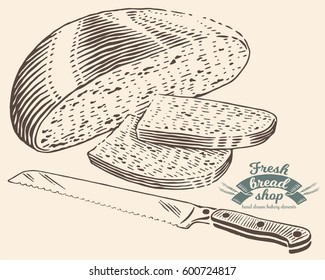Hand drawn bread with knife in engraving style. Vector Illustration. Dark elements isolated on light background.