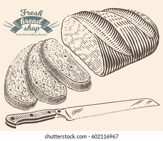 Hand drawn bread with knife in engraving style. Vector Illustration. Dark elements isolated on light background.