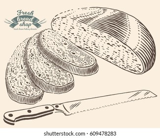 Hand drawn bread with knife in engraving style. Vector Illustration. Dark elements isolated on light background.