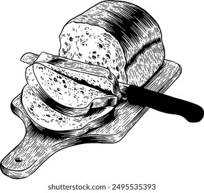 Hand drawn Bread Loaf Slices on a Cutting Board Sketch Illustration