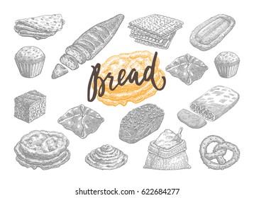 Hand drawn bread and pastries set with fresh bakery products and meals isolated vector illustration