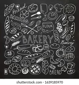 Hand drawn bread and pastry doodles. Isolated on background