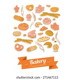 Hand drawn bread and pastry stickers isolated