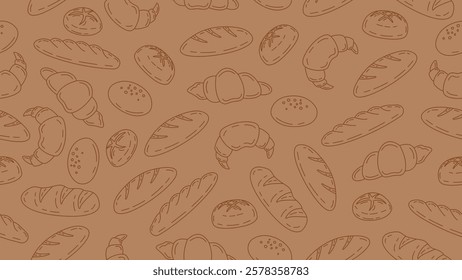 Hand drawn bread seamless pattern background. Bread line art motif wallpaper. Bakery, pastry, pacaging, paper, food wrapper