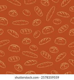 Hand drawn bread seamless pattern background. Bread line art motif for bakery wallpaper, backdrop, packaging or food wrapper