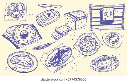 Hand drawn bread set with sliced loaf, pretzel, bagels, baguette, butter with knife, toast on napkin, wheat sprig and rolls on plates, ink sketch style. Minimal line style, trendy aesthetic. bakery