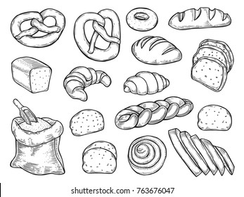 Hand drawn Bread vector set illustration.