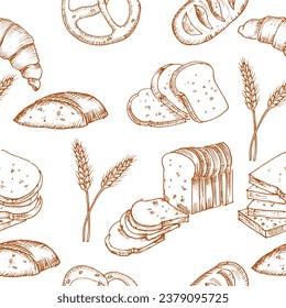 Hand Drawn Bread and Wheat Grass Seamless Pattern