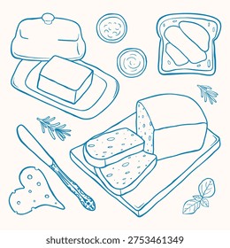 Hand drawn breakfast and bakery elements in simple doodle line style. Food set with butter dish, sliced bread loaf, toast with knife, jam bowl, honey bowl, heart shaped cheese and rosemary branches. Perfect for bakery branding, cafe menus, recipe illustrations, food packaging, cooking blogs and kitchen design.