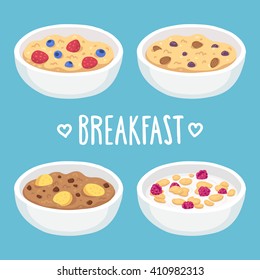 Hand drawn breakfast bowl set. Oatmeal and cereal with fruits, chocolate and nuts.