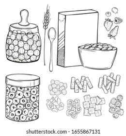 Hand drawn breakfast cereals set. Vector sketch illustration