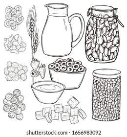 Hand drawn breakfast cereals set. Vector sketch illustration