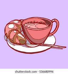 Hand drawn breakfast. Coffee and a croissant sketch. 
