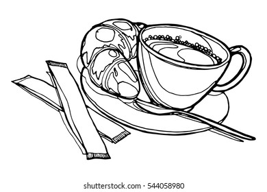 Hand drawn breakfast. Coffee and a croissant sketch. 
