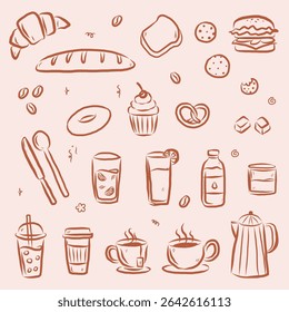 Hand drawn breakfast and coffee doodles on light background