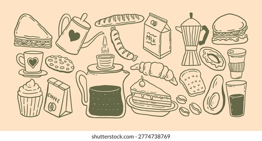 Hand drawn breakfast and coffee time doodle illustration set. Cafe menu bakery and beverage collection vector sketch