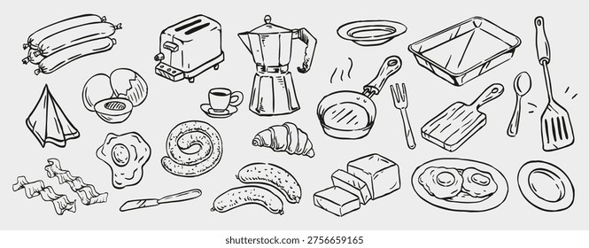 Hand Drawn Breakfast Cooking Doodle Set with Eggs, Sausage, Coffee Maker, Toaster, Frying Pan and Kitchen Utensils, Morning Food Preparation Sketch Collection