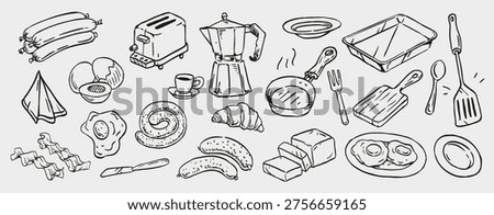 Hand Drawn Breakfast Cooking Doodle Set with Eggs, Sausage, Coffee Maker, Toaster, Frying Pan and Kitchen Utensils, Morning Food Preparation Sketch Collection