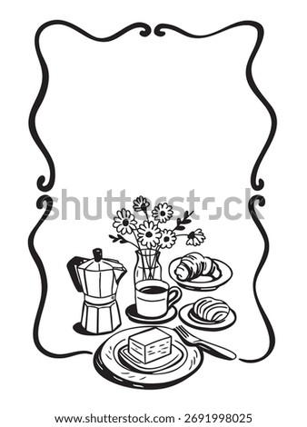 Hand drawn breakfast doodle frame with coffee, croissant, butter, flowers, and moka pot. Black and white line art illustration perfect for cafe menu or invitation design.