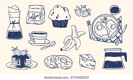 Icono de doodle de desayuno dibujado a mano con taza de café, magdalena y panqueques estilo crayón, plátano y fresas, huevos fritos en el plato. Colección de la línea de comida de la cafetería del brunch para el diseño del menú o de la cocina.