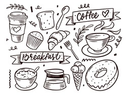 Hand Drawn Breakfast Doodle Set Elements. Black Color. Vector Illustration. Food And Drink Line Art Sketch.