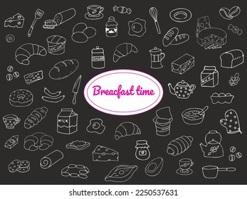hand drawn breakfast doodle set, food and drink, restaurant and cooking, kitchen and party background. cartoon illustration