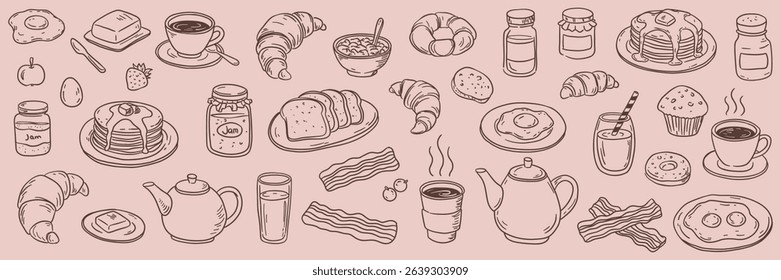 Hand drawn breakfast doodle set with coffee, eggs, toast, croissants, jam, tea pots and pastries. Vector sketch on pink background.