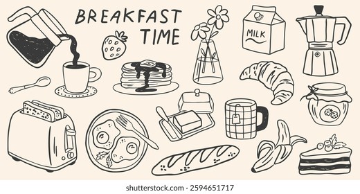 Hand drawn breakfast doodles set. Vector illustration of food and coffee icons in chalk, crayon drawing style for invitations, menus, parties. Minimalist line art. La dolce vita italian style.  