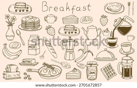 Hand drawn breakfast doodles set. Vector illustration of food and coffee icons in chalk, crayon drawing style for invitations, menus, parties. Minimalist line art. La dolce vita italian style
