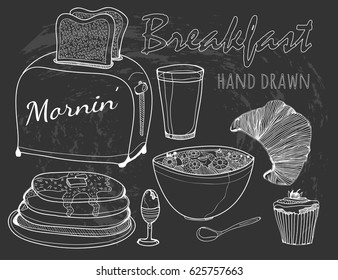 Hand drawn breakfast elements. Chalk style vector collection