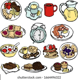 Hand drawn breakfast food and drink, vector illustrations