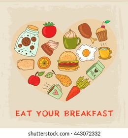 Hand drawn breakfast food and icons doodle set. School lunch menu. Vector illustration. Heart shape.