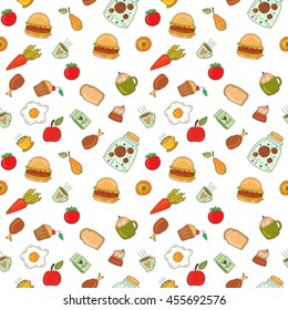 Hand drawn breakfast food and icons doodles. School lunch menu. Vector illustration. Seamless pattern
