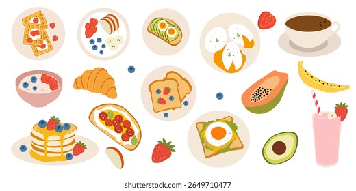 Ilustrações de comida de café da manhã desenhadas à mão. Xícara de café, ovos caçados, torrada de abacate, croissant, panquecas, smoothie, bruschetta, waffles e cereal. Ilustração do doodle plano do vetor.