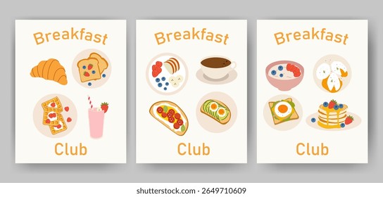 Hand drawn breakfast food poster collection. Croissant, smoothie, avocado toast, poached eggs, pancakes, coffee, cereal bowl, waffles, and fruit. Cute healthy morning meal illustration.