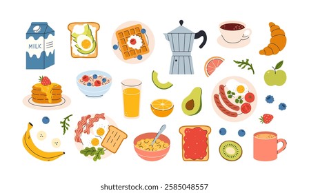 Hand drawn breakfast illustration with coffee, fried egg, croissant, milk, cereal, bacons, sausages, citrus juice, avocado, tomato, pancakes. Healthy tasty food and drinks. Vector flat illustration.