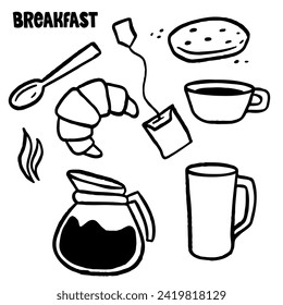 Dibujo manual del desayuno. Estilo Doodle.