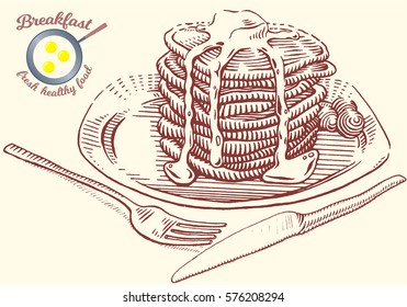 Hand drawn breakfast illustration in engraving style. Pancakes with butter, berries, syrup, fork and knife. Vector dark elements isolated on light background.
