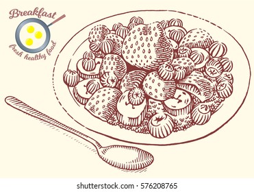 Hand drawn breakfast illustration in engraving style. Oatmeal with strawberries, banana, berries and spoon. Vector dark elements isolated on light background.