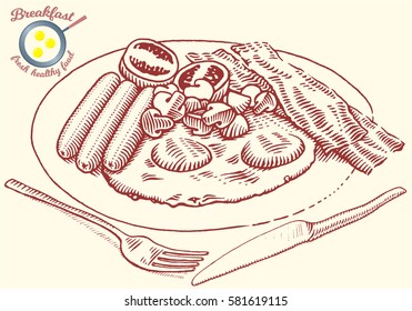 Hand Drawn Breakfast Illustration In Engraving Style. Eggs, Bacon, Tomato, Mushrooms, Sausage, Fork And Knife. Vector Dark Elements Isolated On Light Background.