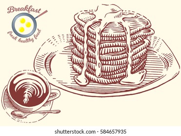 Hand drawn breakfast illustration in engraving style. Pancakes with butter, syrup and cup of coffee. Vector black elements isolated on white background.