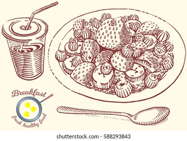 Hand drawn breakfast illustration in engraving style. Oatmeal with strawberries, banana, berries and spoon. Drink with straw in plastic cup. Vector dark elements isolated on light background.